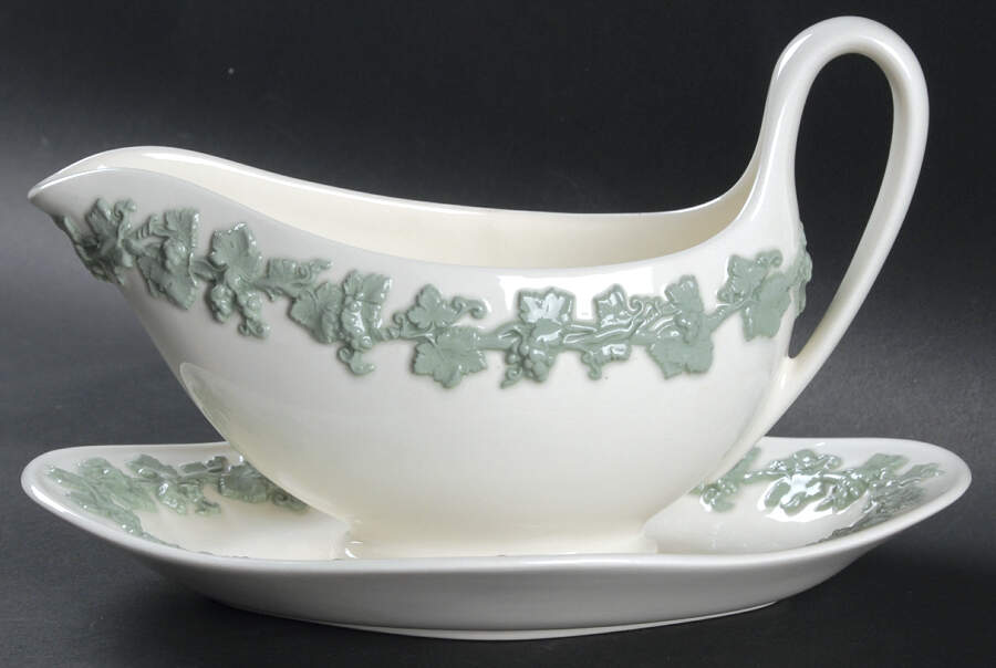 Celadon On Cream Color (Plain Edge) Gravy Boat with Attached Underplate by Wedgwood-1