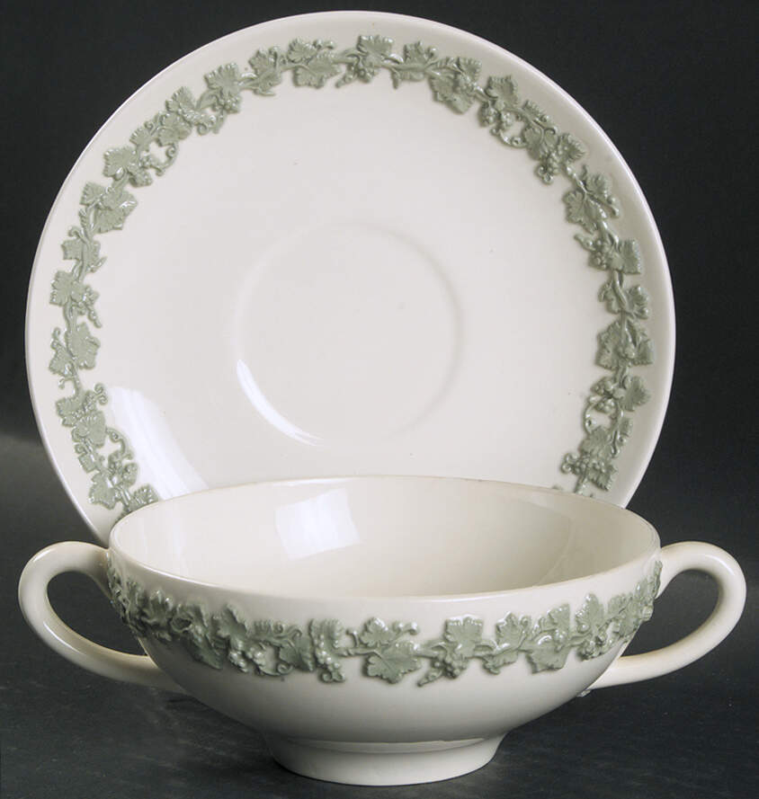 Celadon On Cream Color (Plain Edge) Flat Cream Soup Bowl & Saucer Set by Wedgwood-1