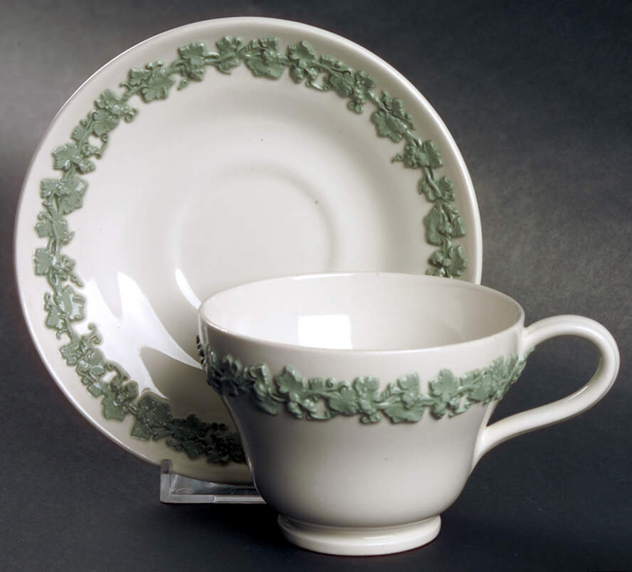 Celadon On Cream Color (Plain Edge) Footed Cup & Saucer Set by Wedgwood-1