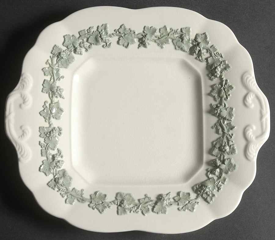 Celadon On Cream Color (Plain Edge) Square Handled Cake Plate by Wedgwood-1