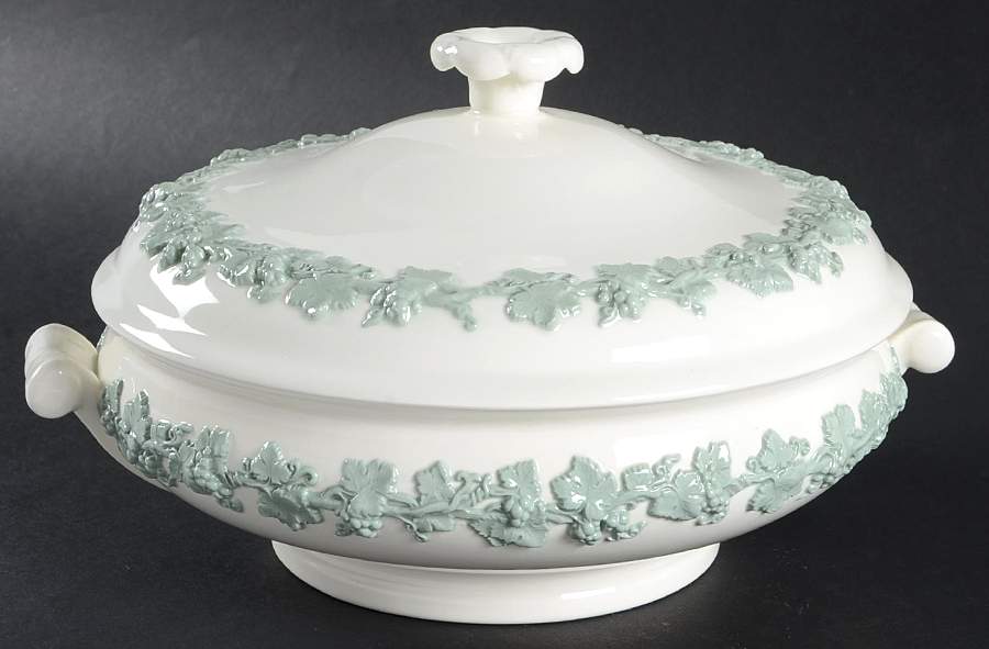 Celadon On Cream Color (Plain Edge) Round Covered Vegetable by Wedgwood-1