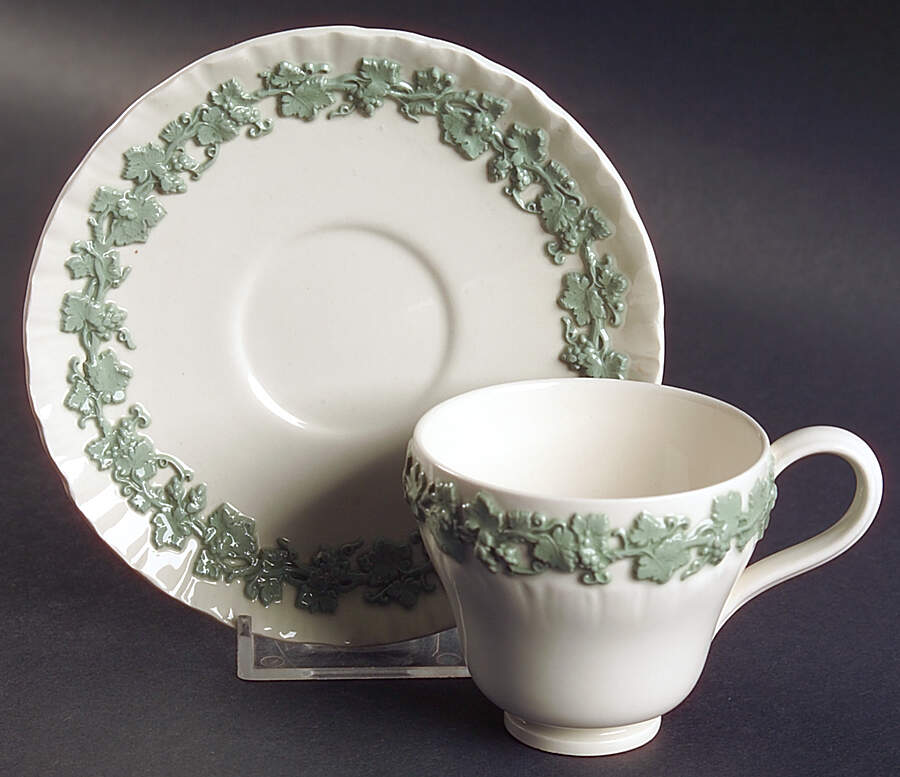 Celadon On Cream Color (Shelledge) Footed Demitasse Cup & Saucer Set by Wedgwood-1