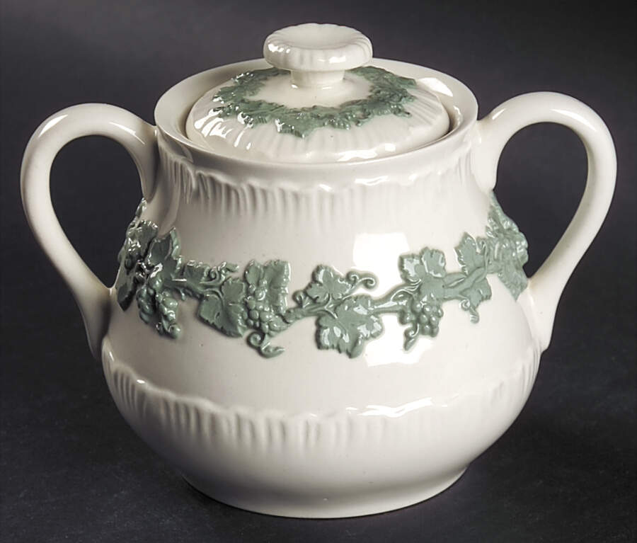 Celadon On Cream Color (Shelledge) Sugar Bowl & Lid by Wedgwood-1