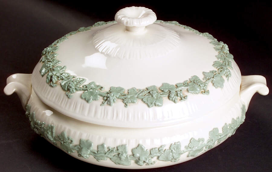 Celadon On Cream Color (Shelledge) Round Covered Vegetable by Wedgwood-1