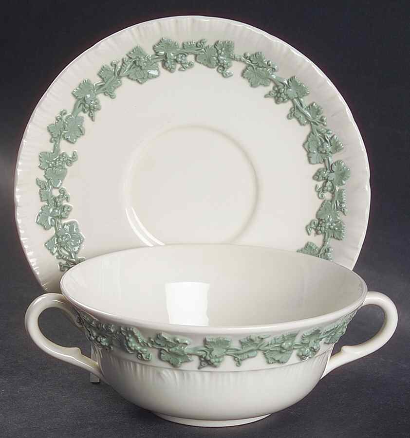 Celadon On Cream Color (Shelledge) Flat Cream Soup Bowl & Saucer Set by Wedgwood-1