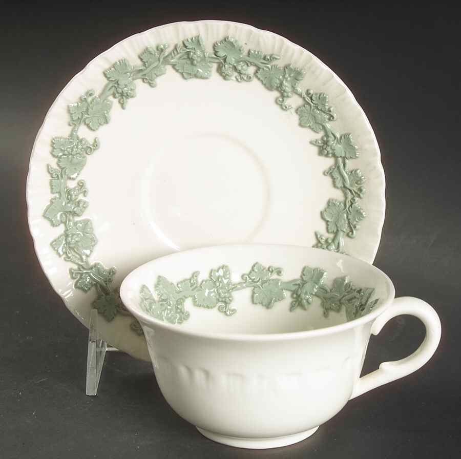 Celadon On Cream Color (Shelledge) Flat Cup & Saucer Set by Wedgwood-1