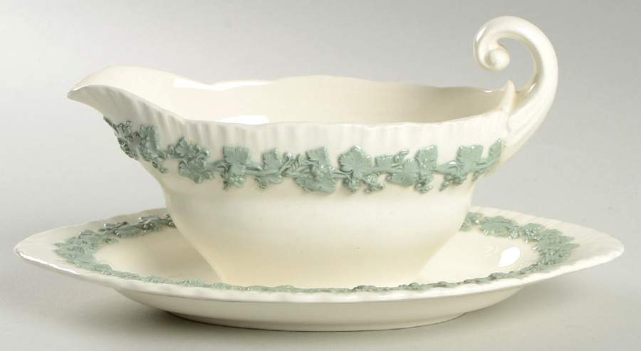 Celadon On Cream Color (Shelledge) Gravy Boat with Attached Underplate by Wedgwood-1