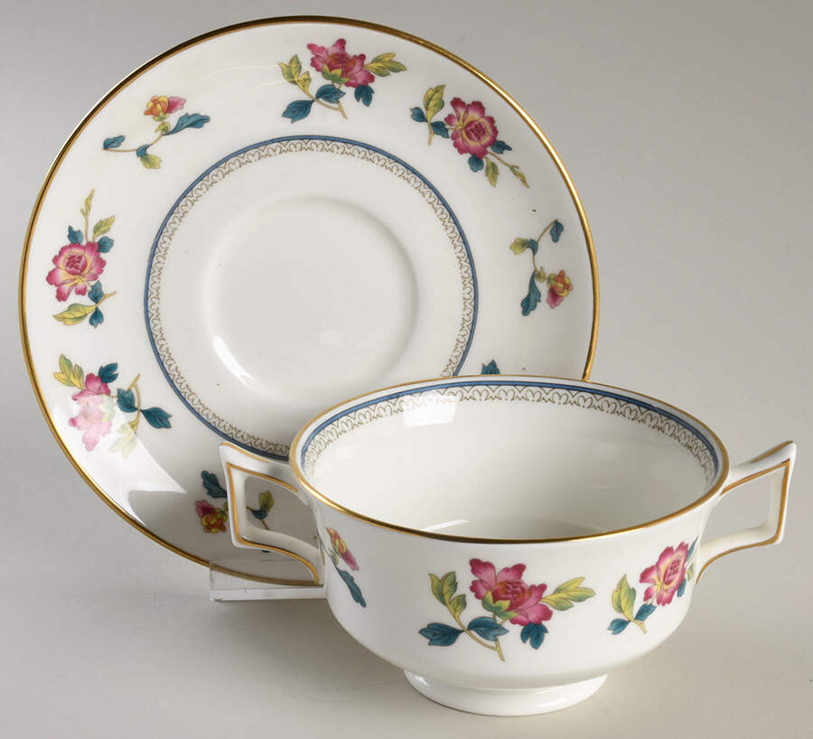 Chinese Flowers Footed Cream Soup Bowl & Saucer Set by Wedgwood-1