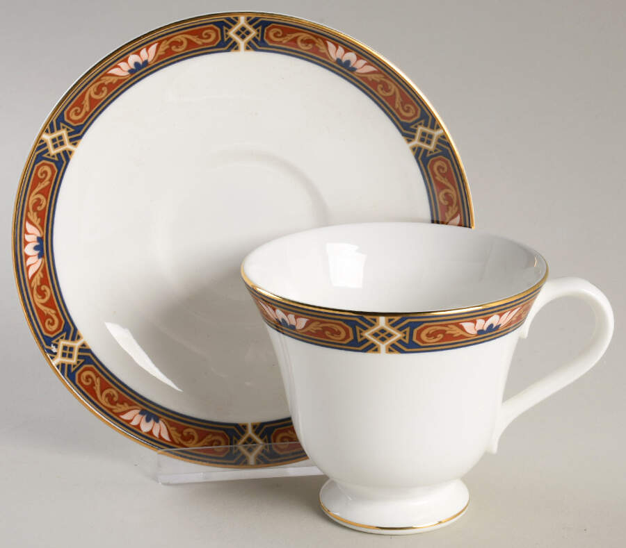 Chippendale Blue and Rust Victoria Shape Footed Cup & Saucer Set by Wedgwood-1