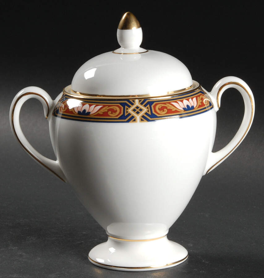 Chippendale Blue and Rust Globe Shape Sugar Bowl & Lid by Wedgwood-1