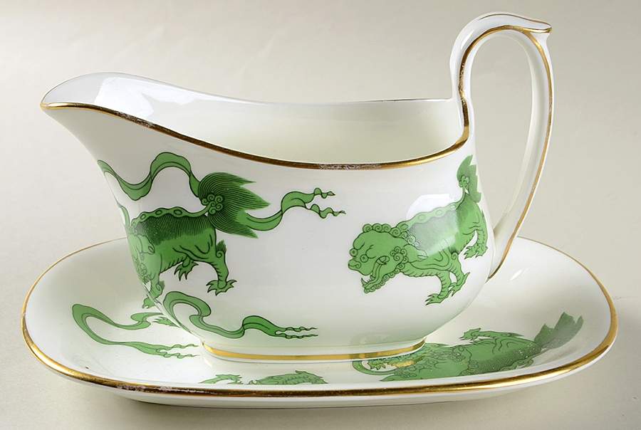 Chinese Tigers Green Gravy Boat & Underplate/Relish by Wedgwood-1