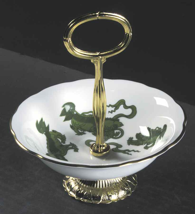 Chinese Tigers Green 6"-7" Handled Footed Nut Dish HC by Wedgwood-1