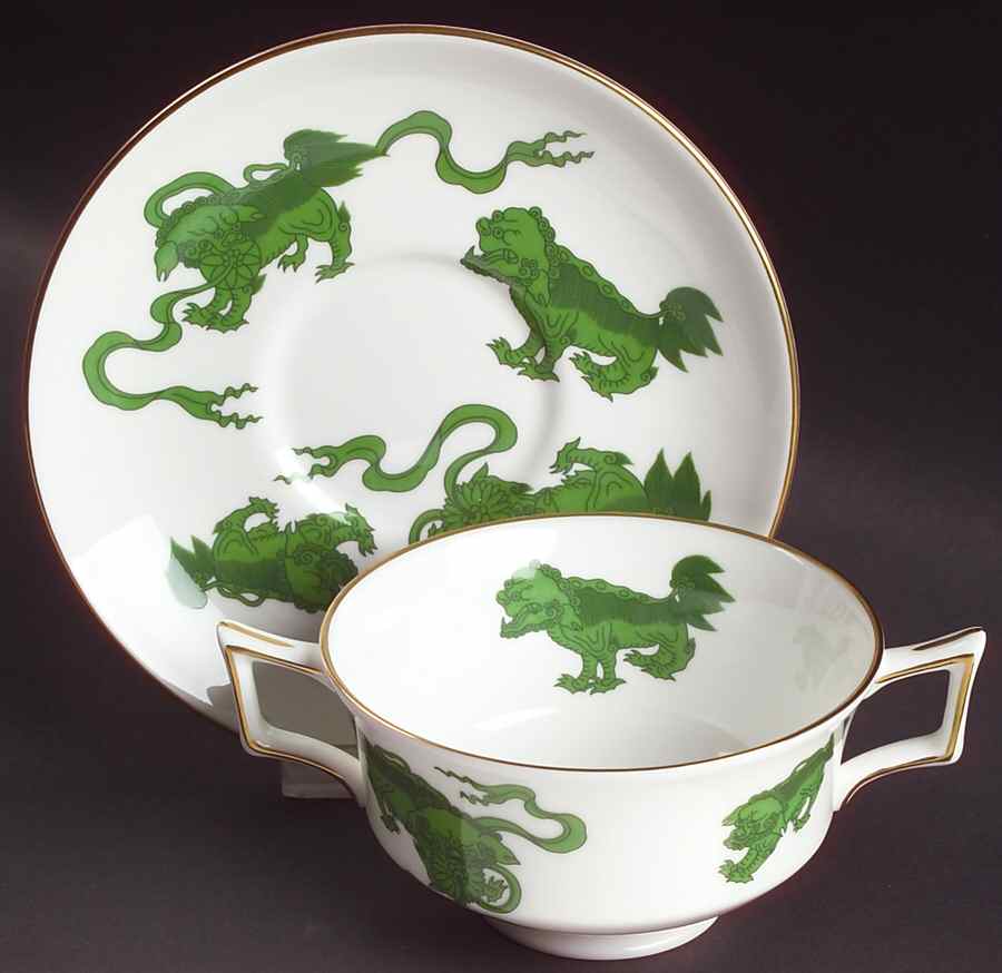 Chinese Tigers Green Footed Cream Soup Bowl & Saucer Set by Wedgwood-1