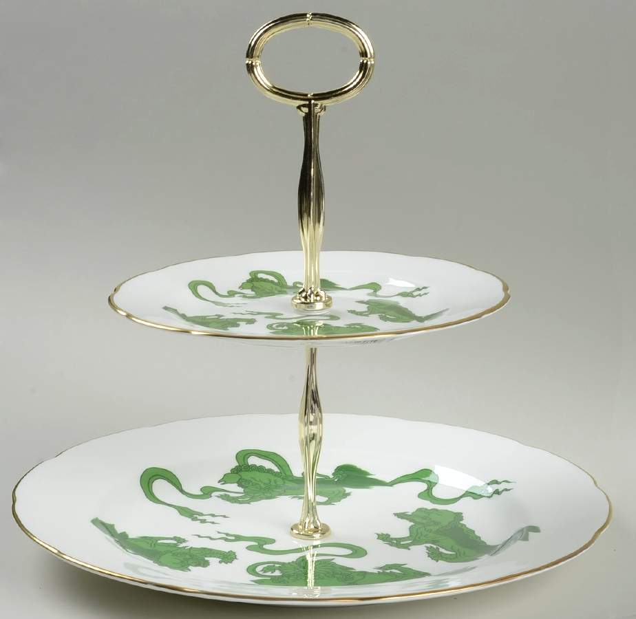 Chinese Tigers Green 6 5/8"-10"  2 Tiered Serving Tray (Dp, Sp) HC by Wedgwood-1