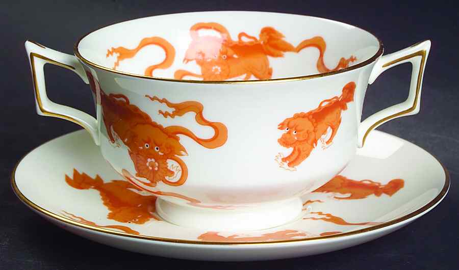 Chinese Tigers Red Footed Cream Soup Bowl & Saucer Set by Wedgwood-1