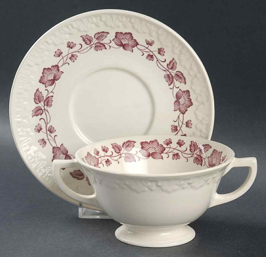 Clematis Mulberry (Corinthian) Footed Cream Soup Bowl & Saucer Set by Wedgwood-1