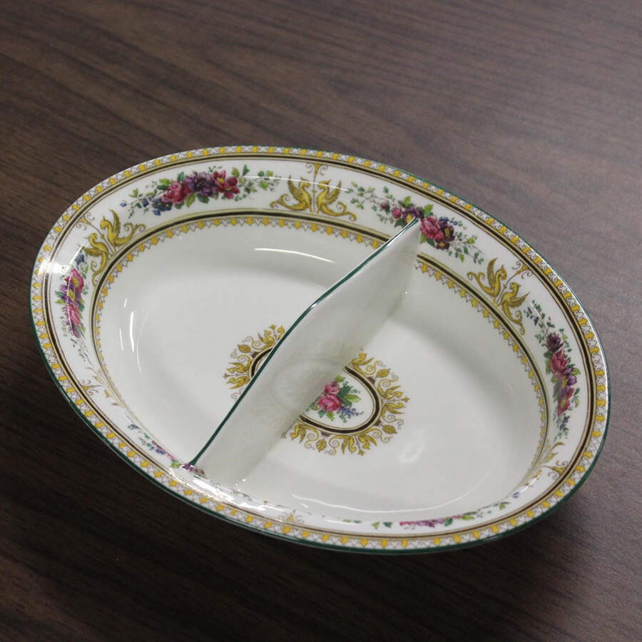 Columbia White (Yellow Border Accent) 10" Oval Divided Vegetable Bowl by Wedgwood-1