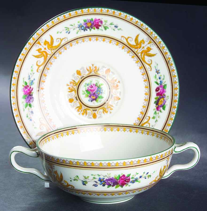 Columbia White (Yellow Border Accent) Flat Cream Soup Bowl & Saucer Set by Wedgwood-1