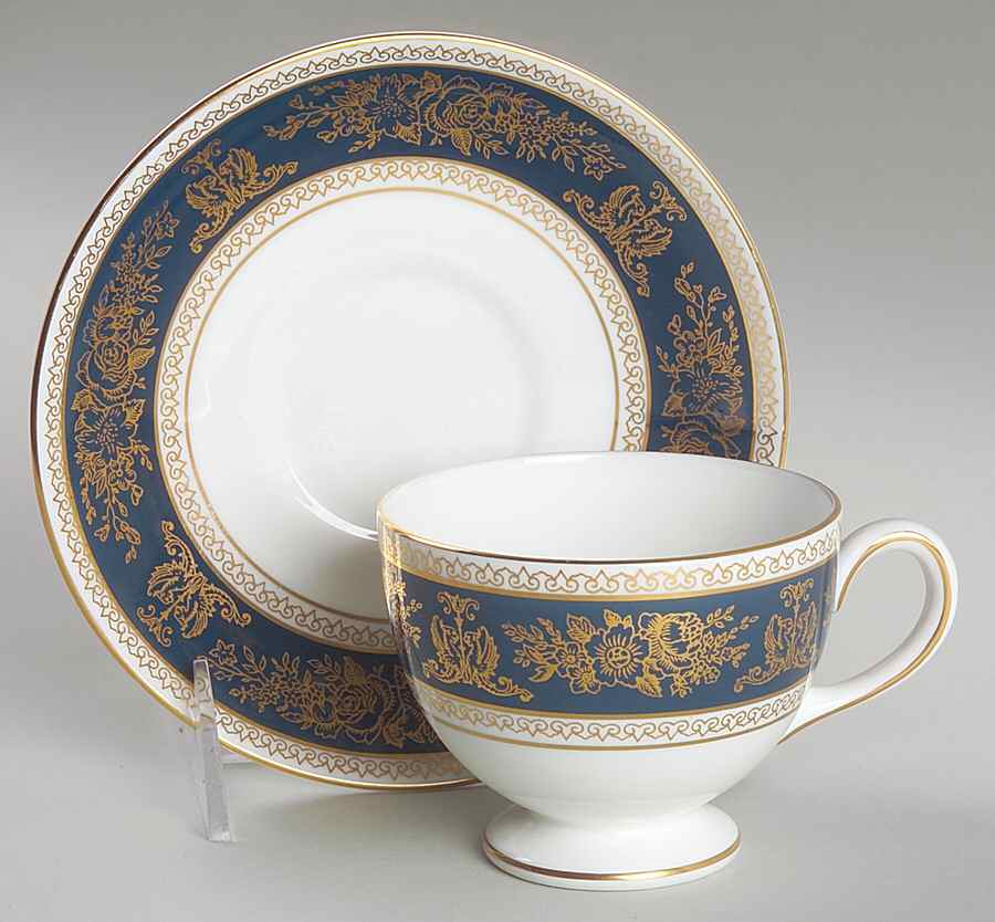 Columbia Blue & Gold Leigh Shape Footed Cup & Saucer Set by Wedgwood-1
