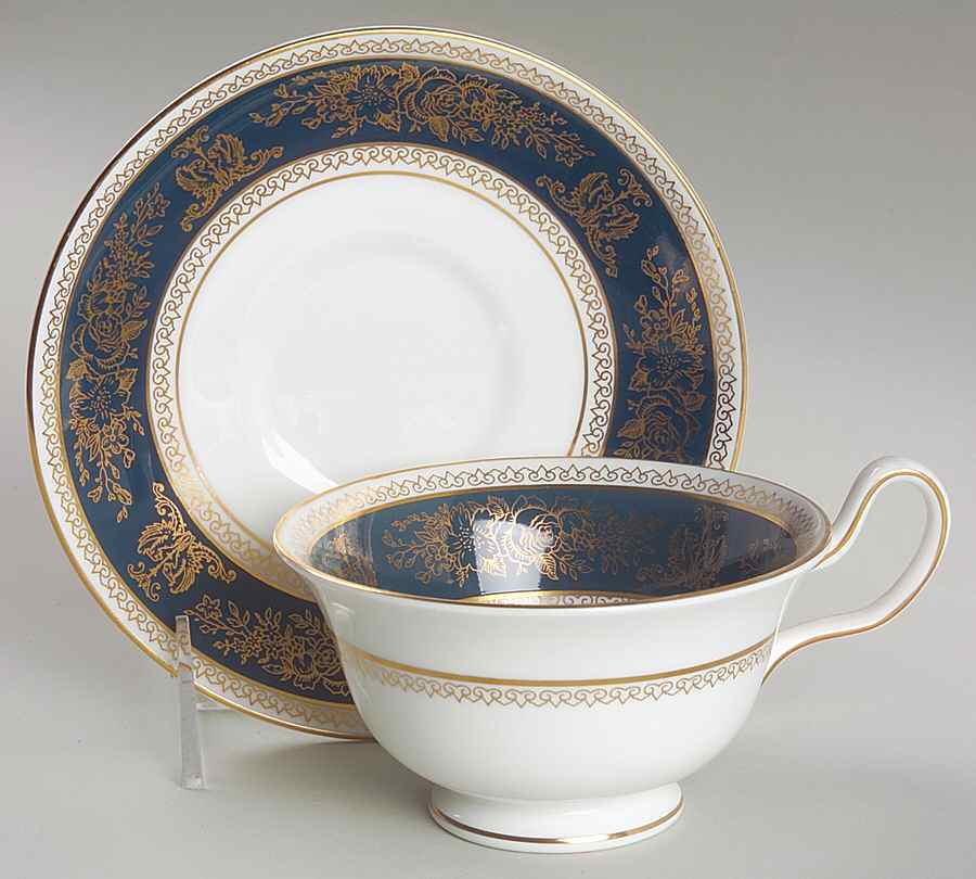 Columbia Blue & Gold Peony Shape Footed Cup & Saucer Set by Wedgwood-1