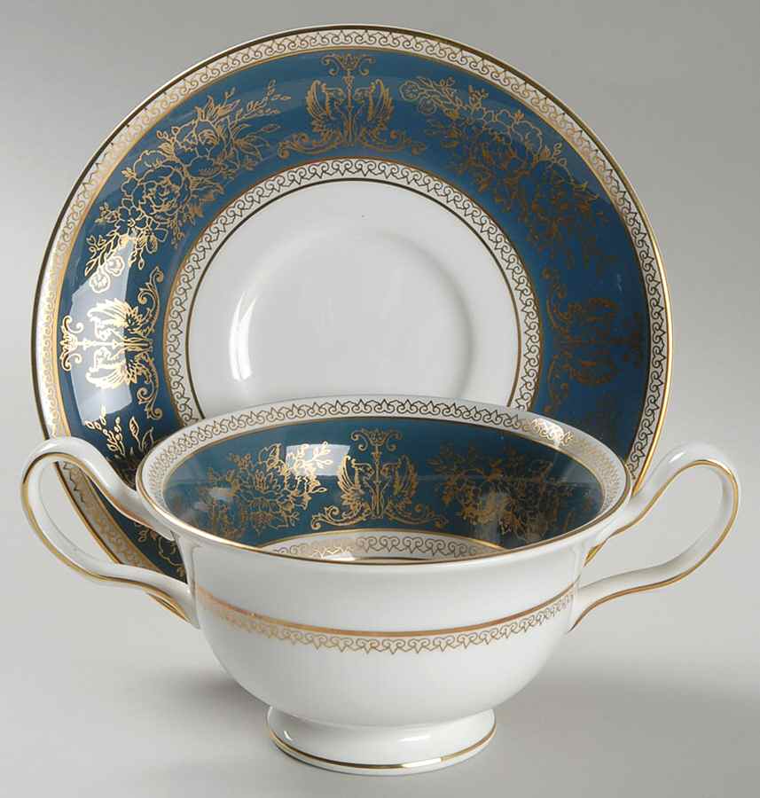 Columbia Blue & Gold Footed Cream Soup Bowl & Saucer Set by Wedgwood-1