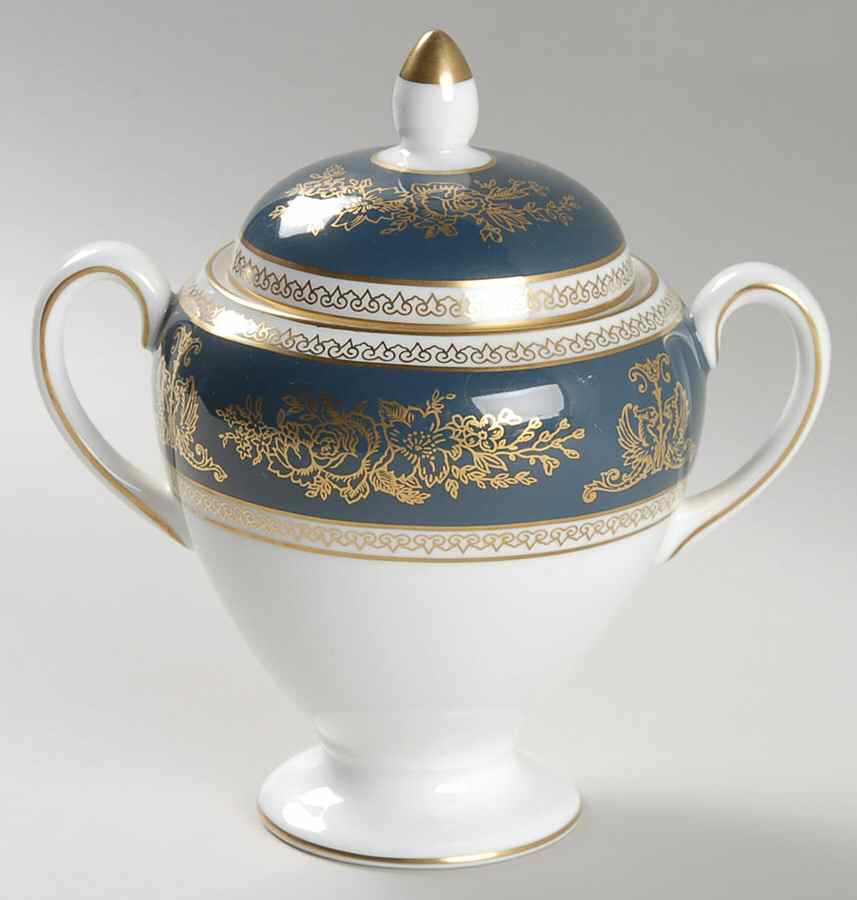 Columbia Blue & Gold Globe Shape Sugar Bowl & Lid by Wedgwood-1