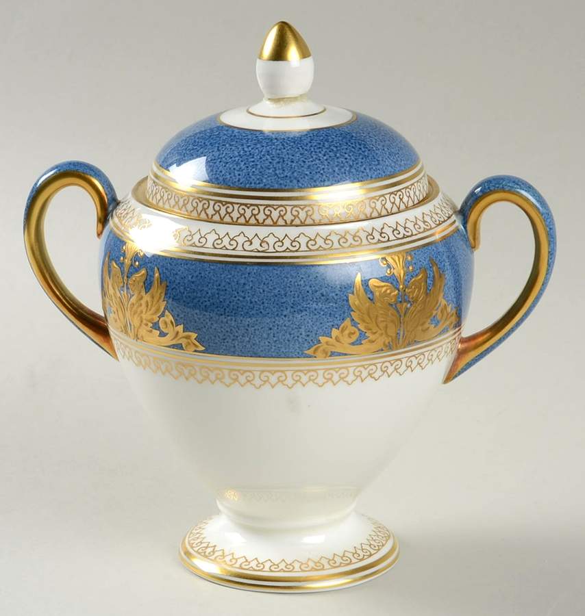 Columbia Powder Blue Rim (White Center) Globe Shape Sugar Bowl & Lid by Wedgwood-1
