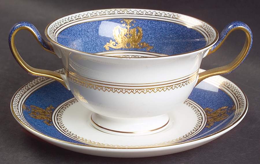 Columbia Powder Blue Rim (White Center) Footed Cream Soup Bowl & Saucer Set by Wedgwood-1