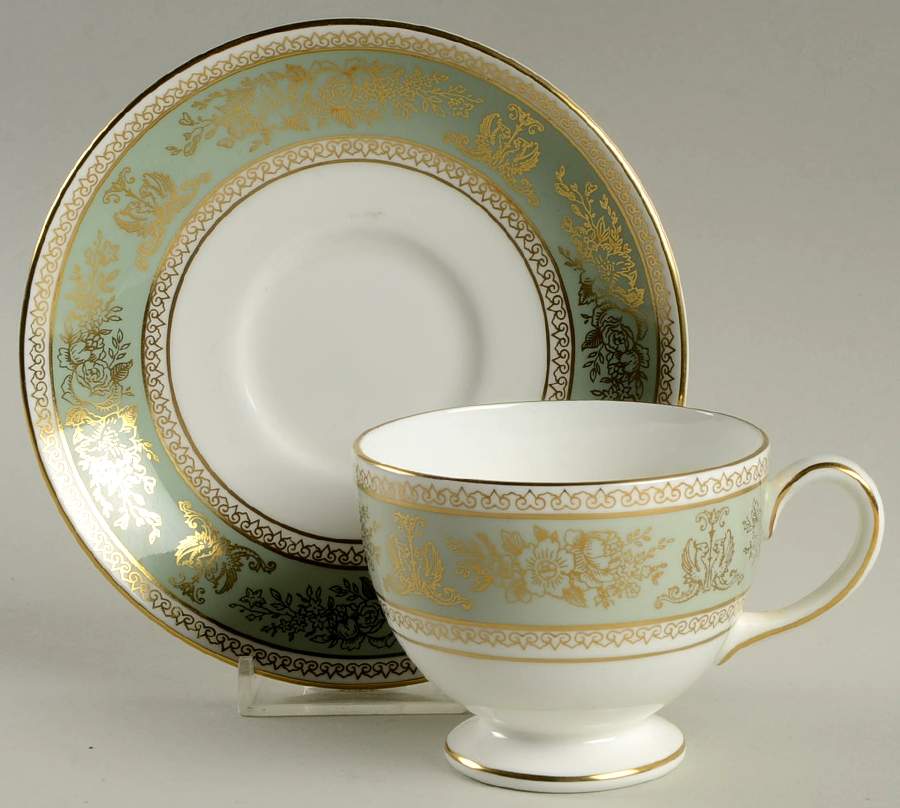 Columbia Sage Green Rim Leigh Shape Footed Cup & Saucer Set by Wedgwood-1