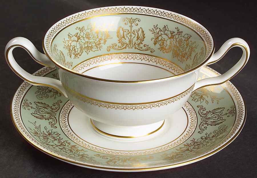 Columbia Sage Green Rim Footed Cream Soup Bowl & Saucer Set by Wedgwood-1