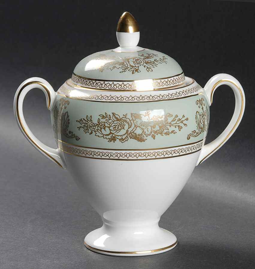 Columbia Sage Green Rim Globe Shape Sugar Bowl & Lid by Wedgwood-1