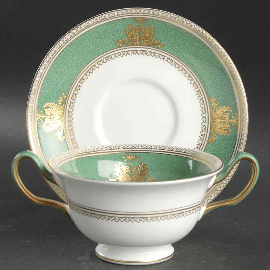 Columbia Powder Green Rim and Center Footed Cream Soup Bowl & Saucer Set by Wedgwood-1