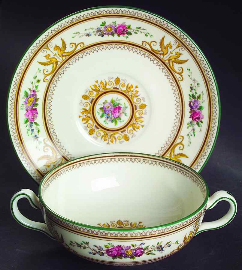 Columbia Ivory Body (Yellow Griffons) Flat Cream Soup Bowl & Saucer Set by Wedgwood-1
