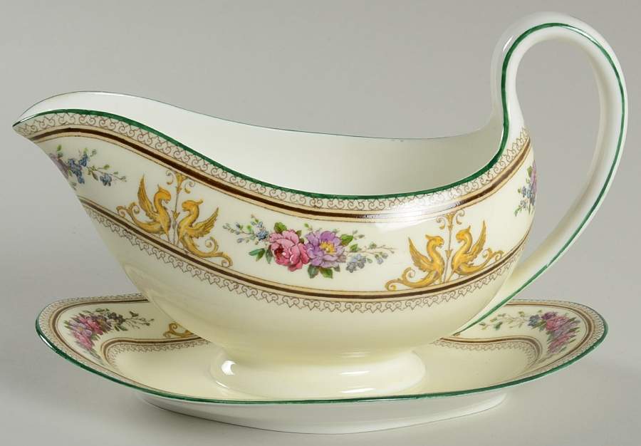 Columbia Ivory Body (Yellow Griffons) Gravy Boat with Attached Underplate by Wedgwood-1