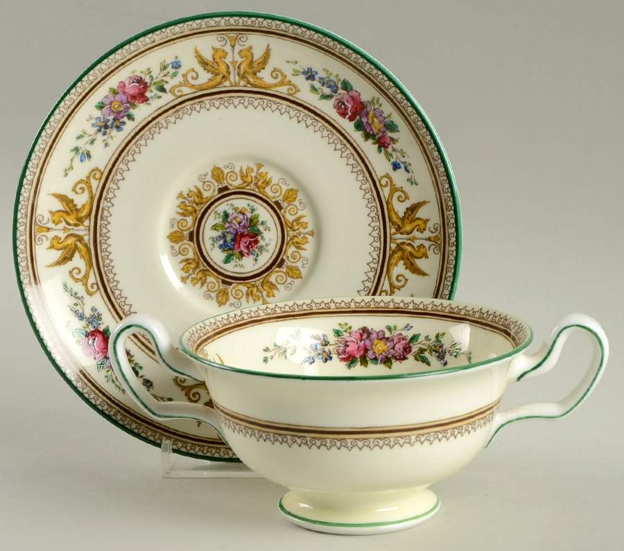 Columbia Ivory Body (Yellow Griffons) Footed Cream Soup Bowl & Saucer Set by Wedgwood-1