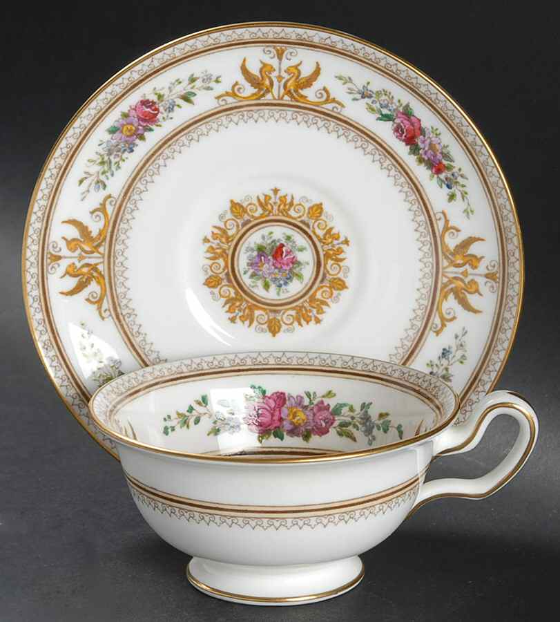 Columbia White (Gold Trim) Peony Shape Footed Cup & Saucer Set by Wedgwood-1