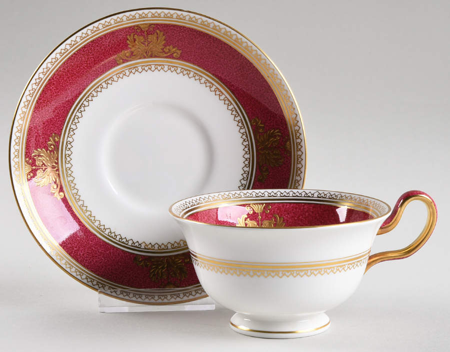 Columbia Powder Ruby (Rim and Center) Peony Shape Footed Cup & Saucer Set by Wedgwood-1