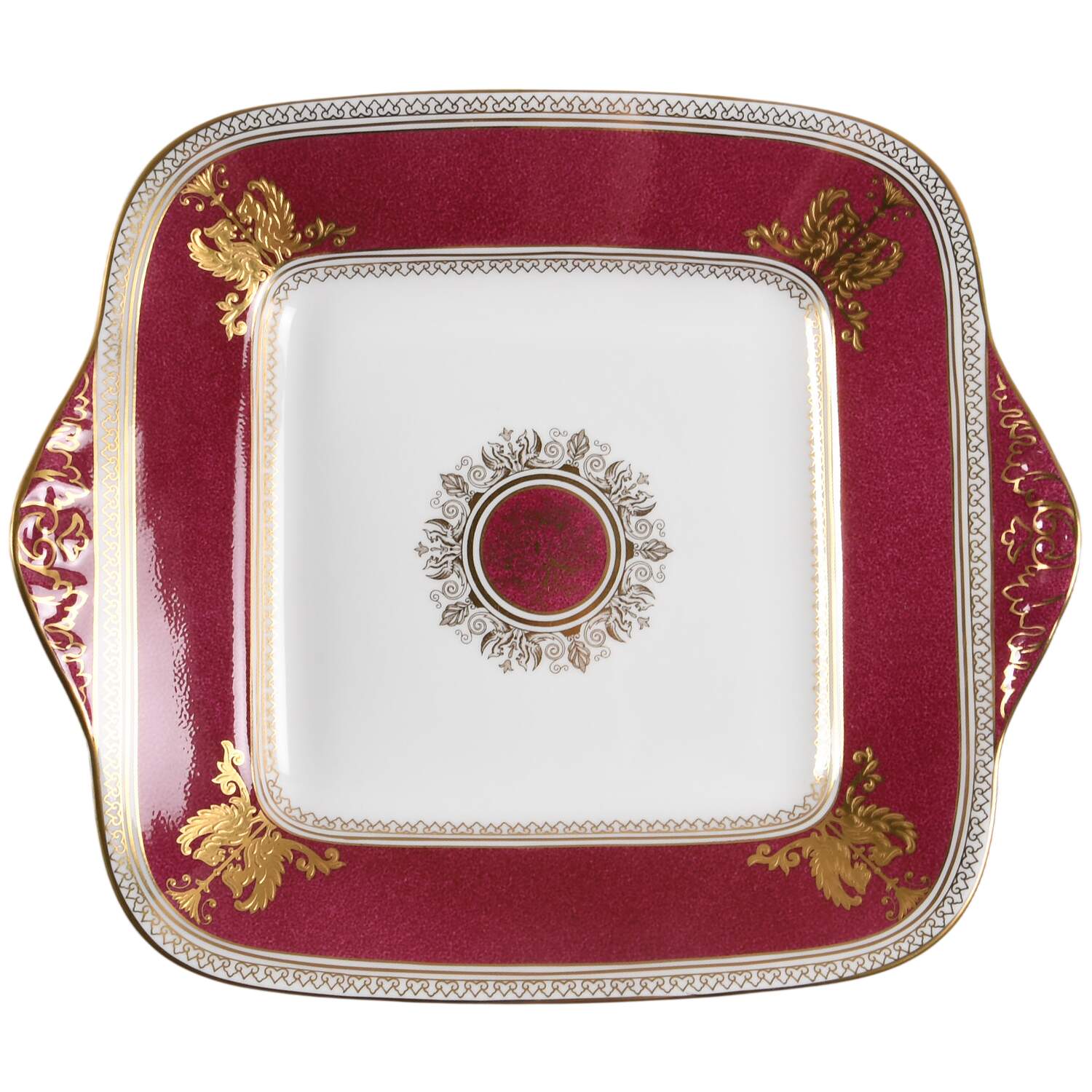 Columbia Powder Ruby (Rim and Center) Square Handled Cake Plate by Wedgwood-1