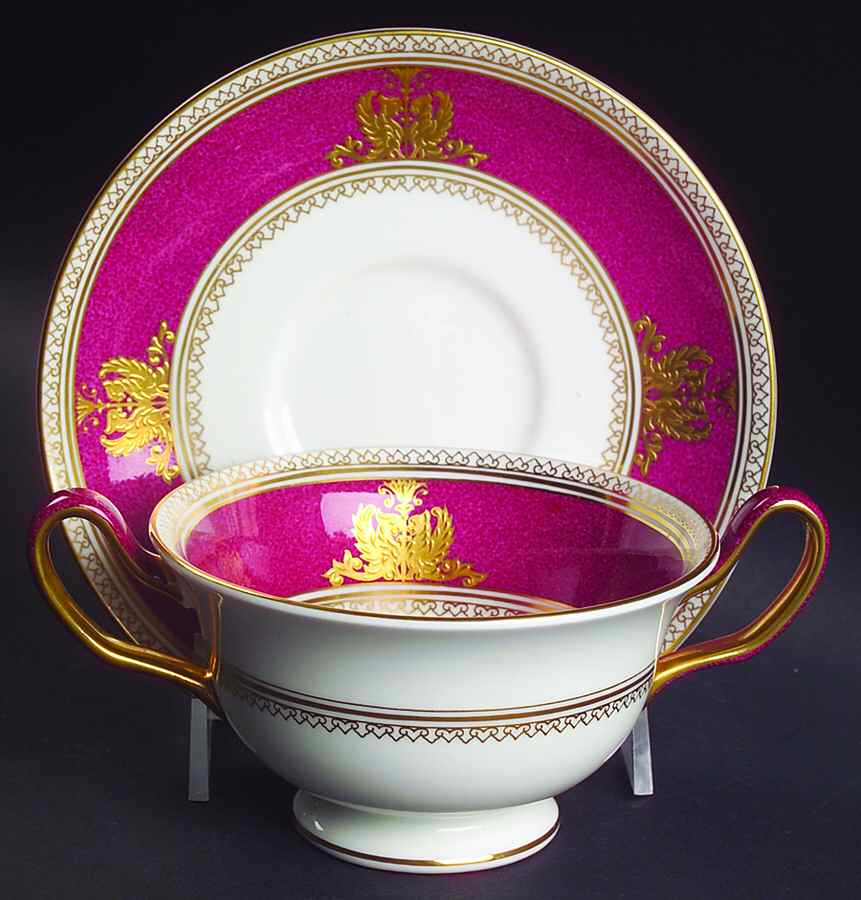 Columbia Powder Ruby (Rim and Center) Footed Cream Soup Bowl & Saucer Set by Wedgwood-1