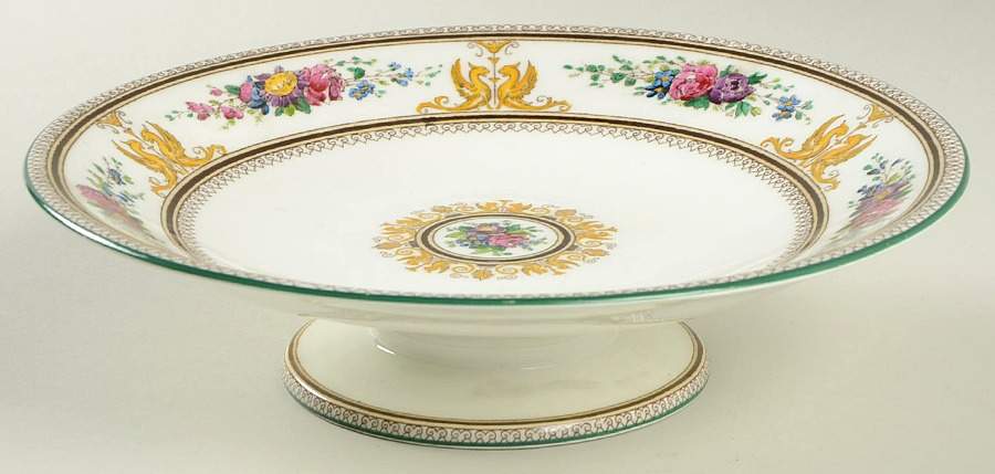 Columbia White (Center Medallion, Green Trim) 9" Width Low Comport by Wedgwood-1