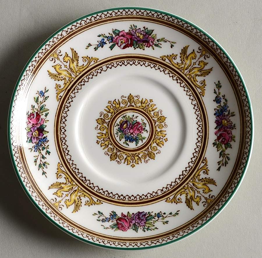 Columbia White (Center Medallion, Green Trim) Saucer for Bond Shape Demitasse Cup by Wedgwood-1