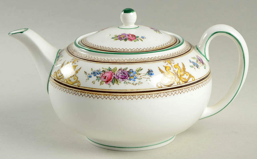 Columbia White (Center Medallion, Green Trim) Teapot & Lid by Wedgwood-1