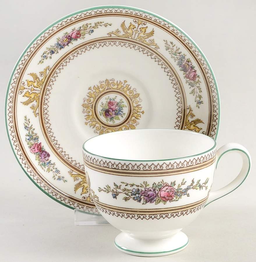 Columbia White (Center Medallion, Green Trim) Leigh Shape Footed Cup & Saucer Set by Wedgwood-1
