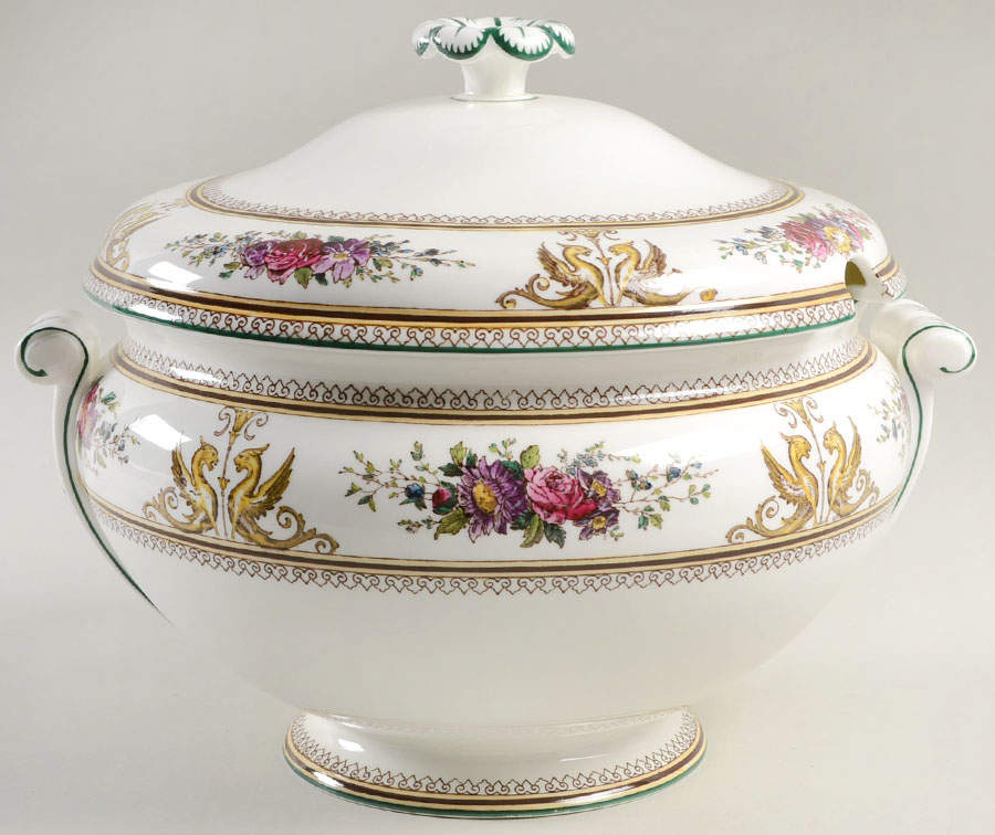 Columbia White (Center Medallion, Green Trim) Tureen &  Lid by Wedgwood-1