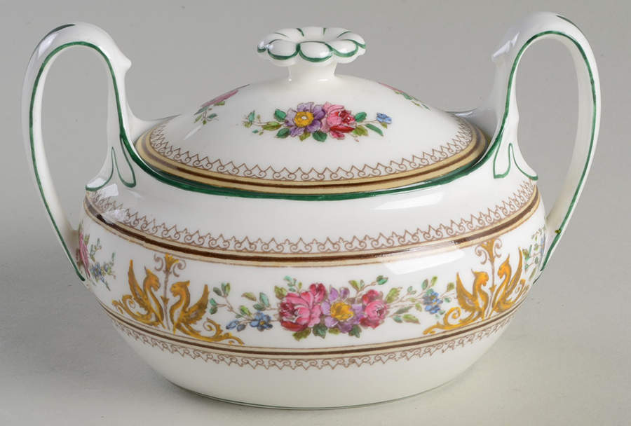 Columbia White (Center Medallion, Green Trim) Sugar Bowl & Lid by Wedgwood-1