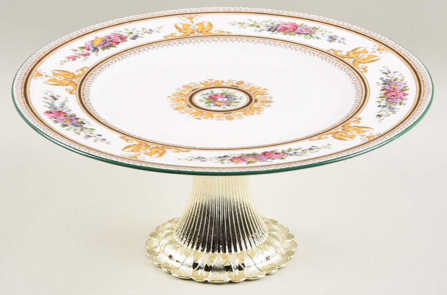 Columbia White (Center Medallion, Green Trim) Cake Stand with 4"-5" Metal Pedestal  Hc by Wedgwood-1