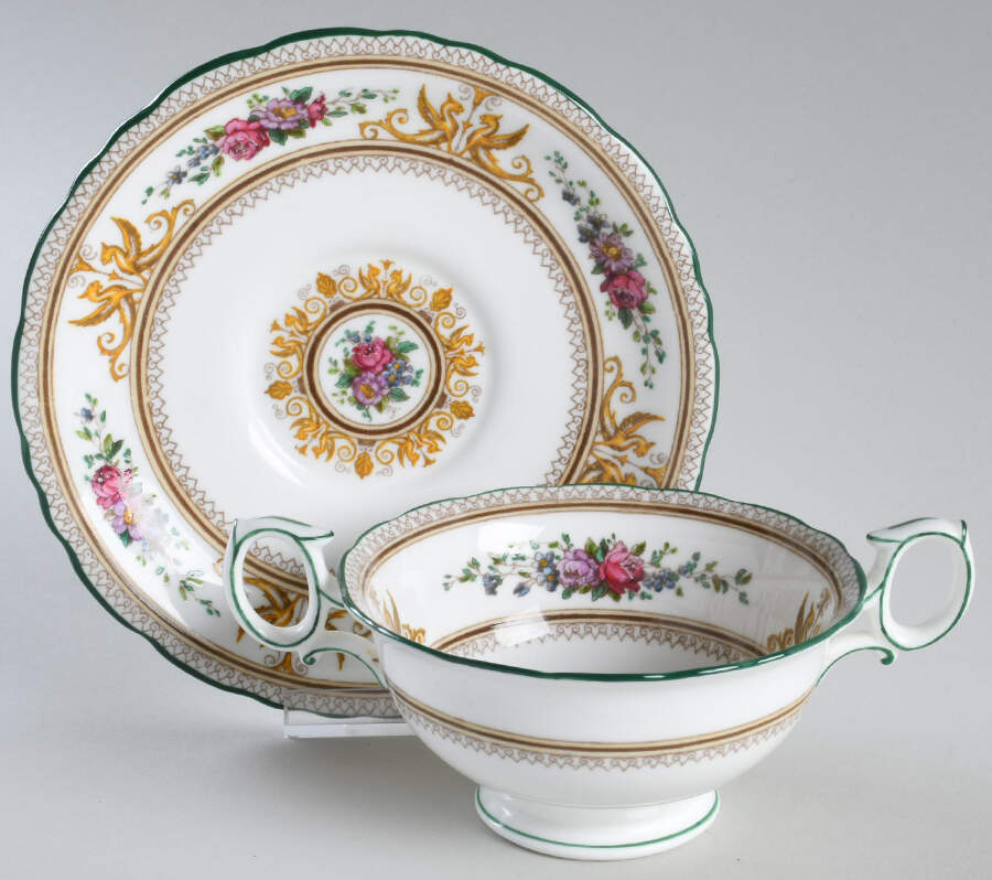 Columbia White (Center Medallion, Green Trim) Footed Cream Soup Bowl & Saucer Set by Wedgwood-1