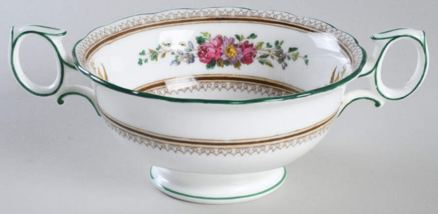 Columbia White (Center Medallion, Green Trim) Footed Cream Soup Bowl by Wedgwood-1