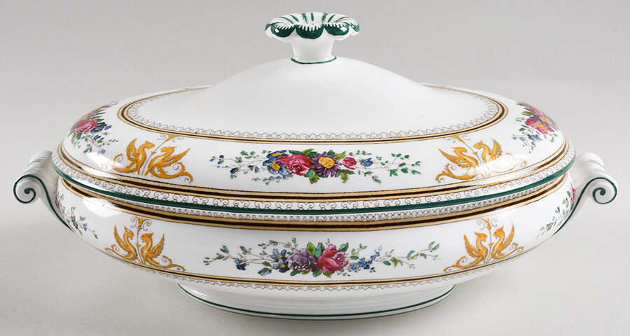 Columbia White (Center Medallion, Green Trim) Oval Covered Vegetable by Wedgwood-1