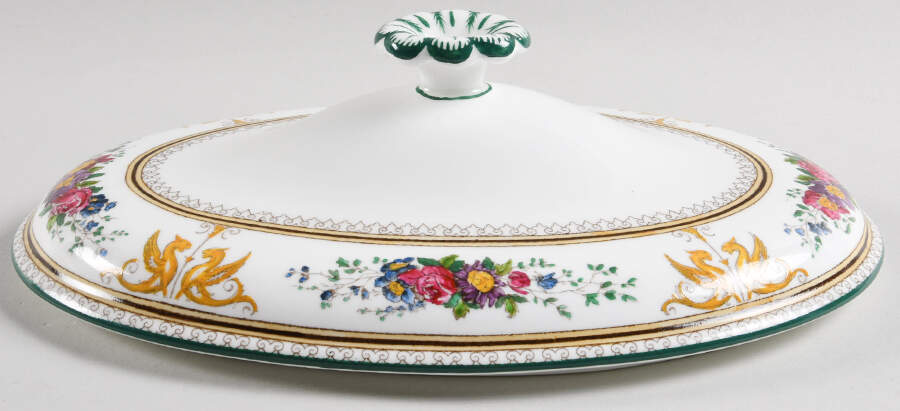 Columbia White (Center Medallion, Green Trim) Lid for Oval Vegetable by Wedgwood-1